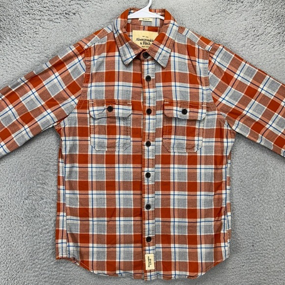 Abercrombie Fitch Button Up Shirt Men Medium Orange Plaid Muscle Fit Flap Pocket - Picture 2 of 10